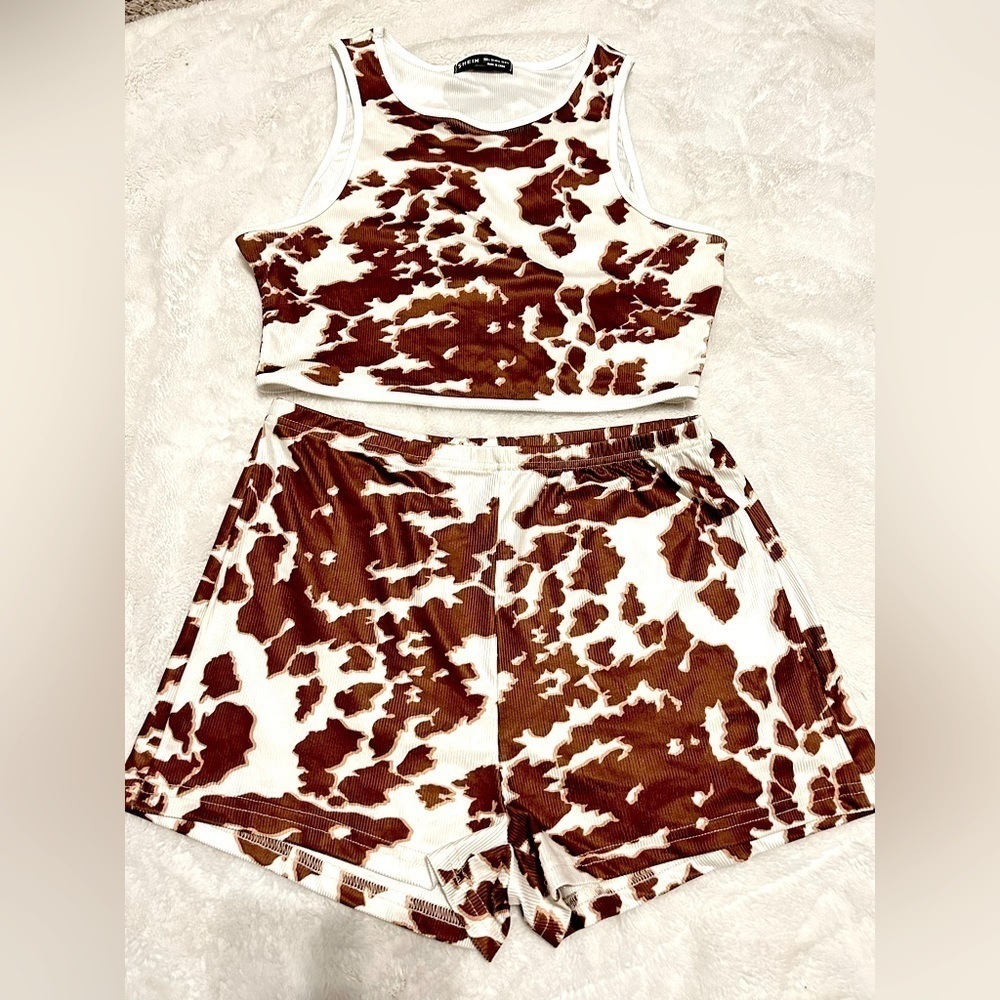 COW print Tank Crop top & short set, Woman size Large, animal print co ord set